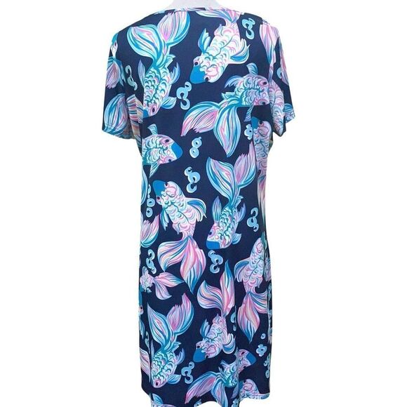 Abby Joy by Tango Mango Dress XL Navy Blue Fish Print Short Sleeve Shift Dress - Picture 3 of 4